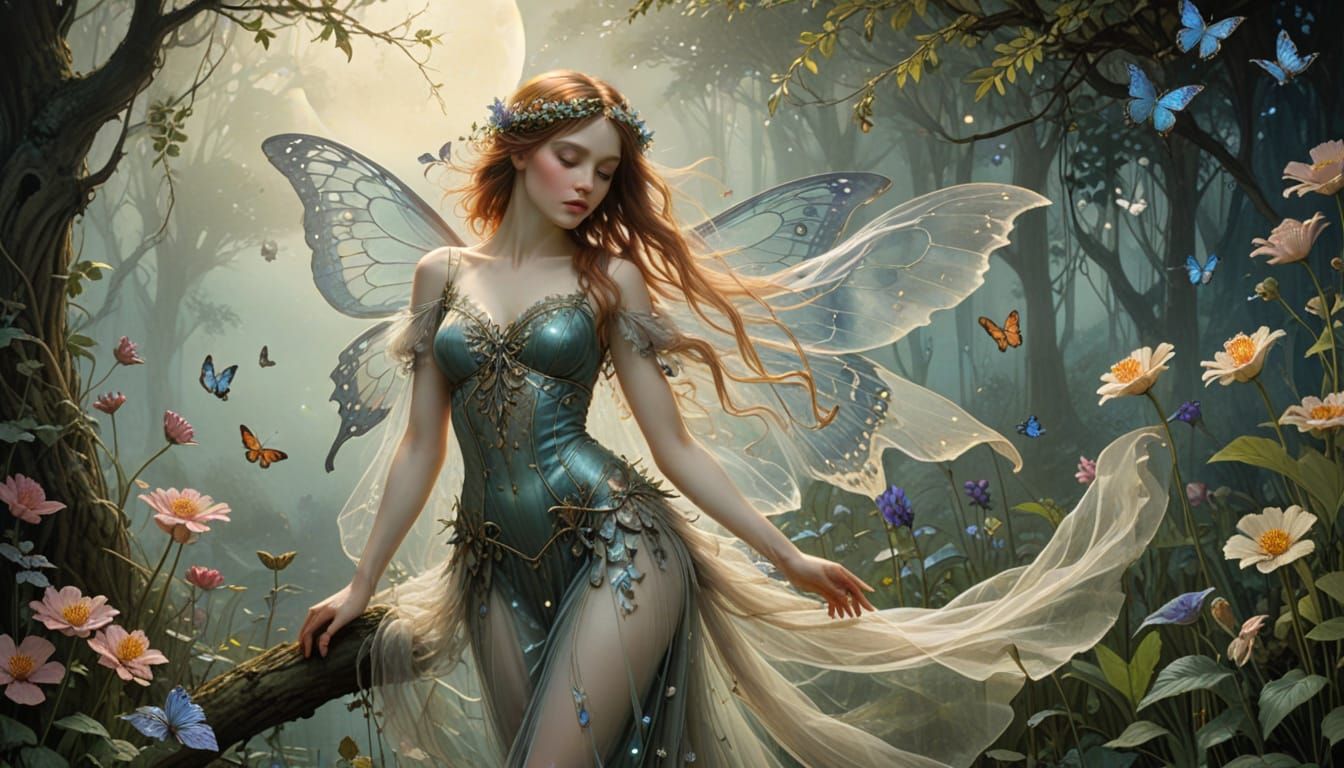 Dreamlike Fairy Girl in Whimsical Moonlit Garden
