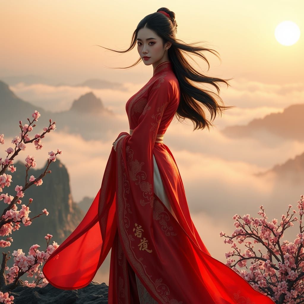 Ethereal Chinese Princess in Traditional Regalia Surveys Mys...