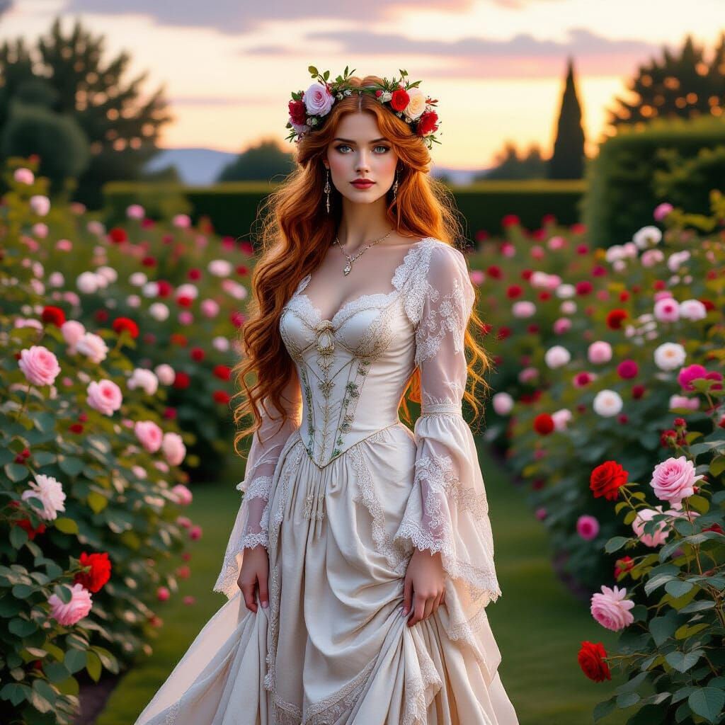 Victorian Lady in Rose Garden as Pre-Raphaelite Painting