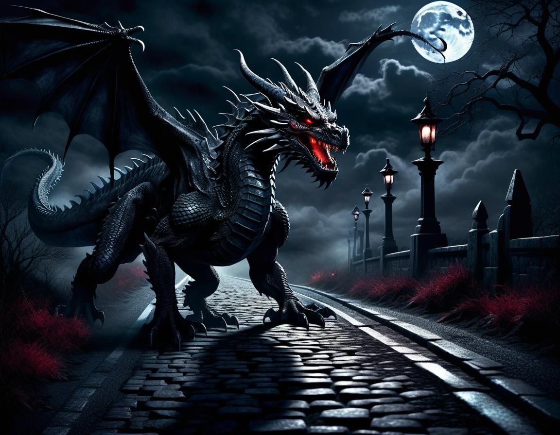 Eerie Black Dragon Under Moonlight: Dark Fantasy Art