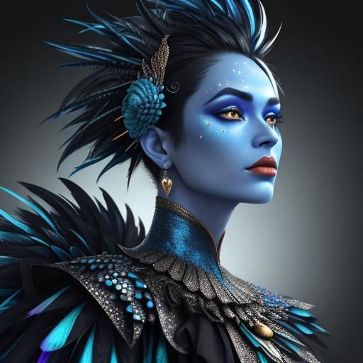 Dragon Woman with Peacock Feathers in Abstract Art