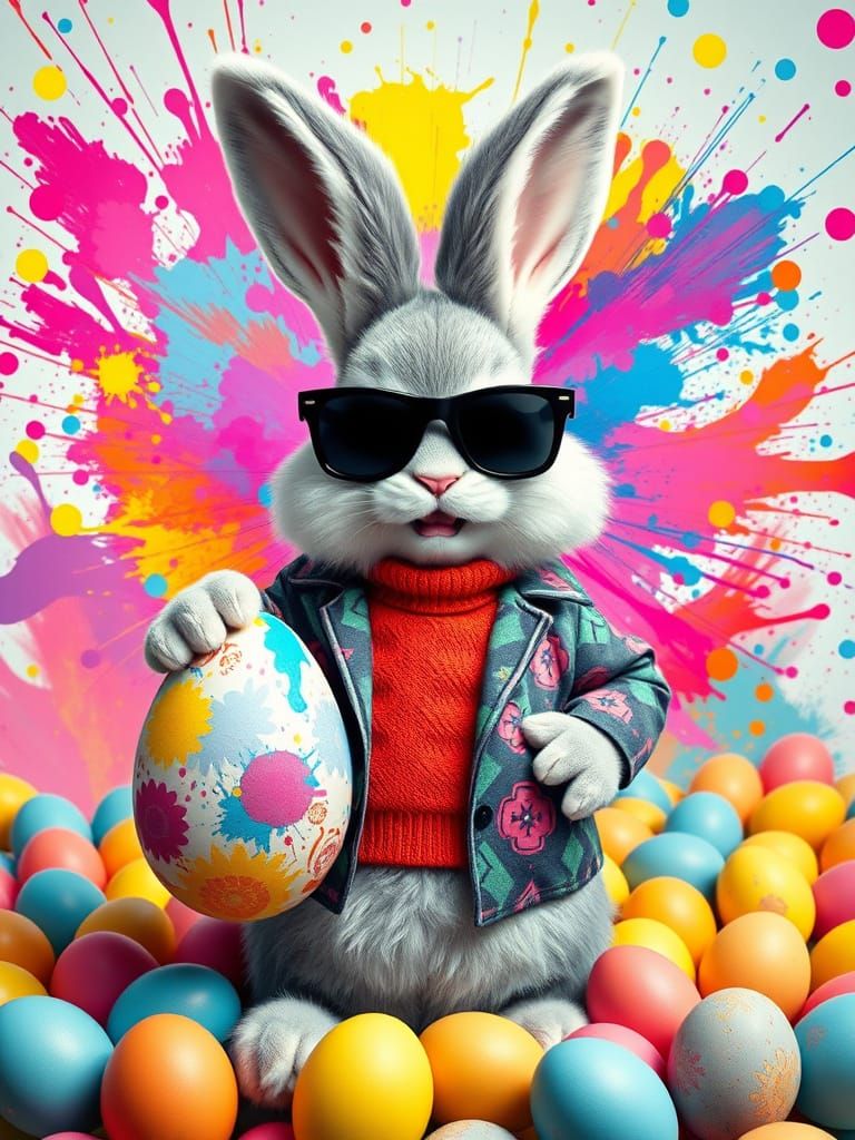 Confident Easter Bunny in Vibrant, Kaleidoscopic World
