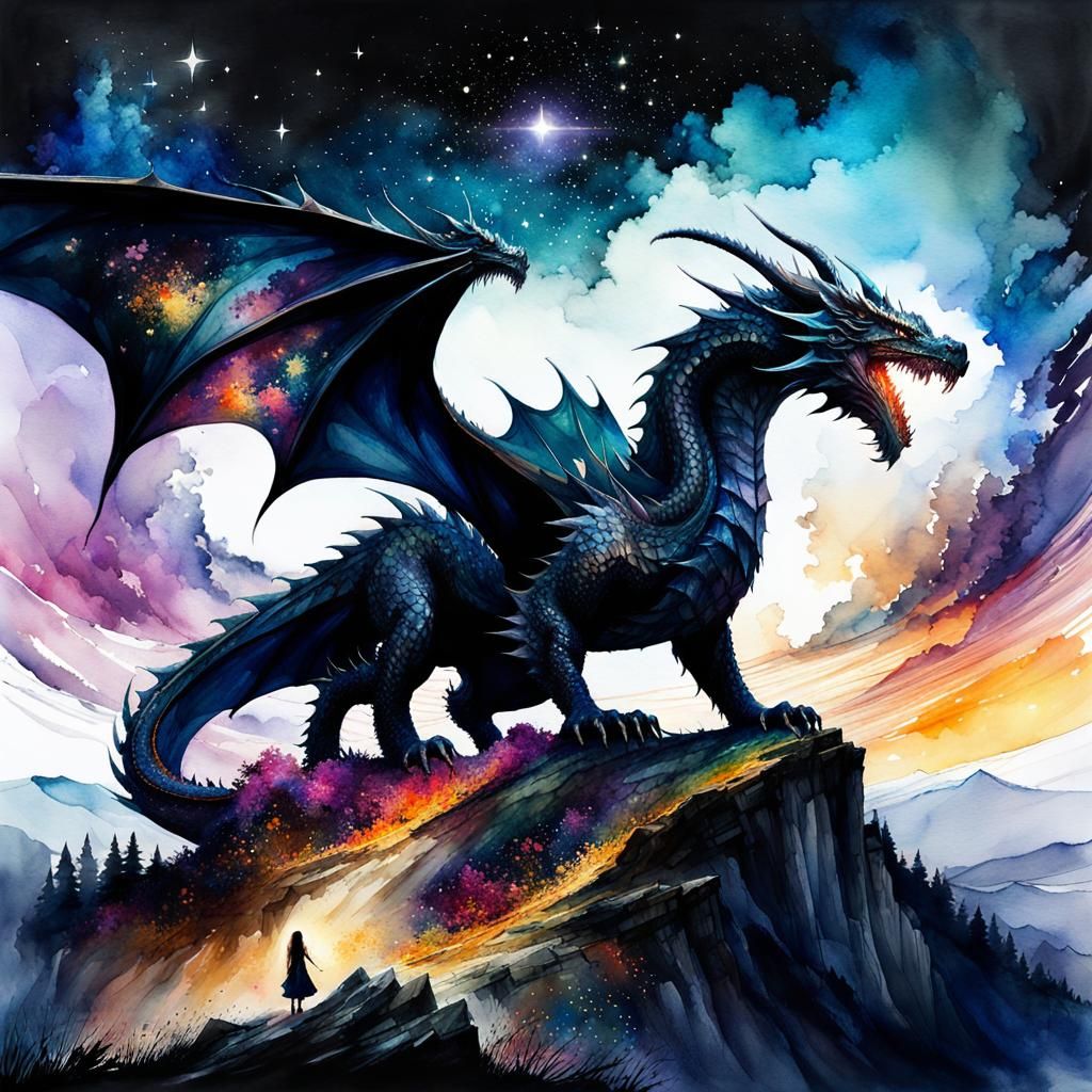 Galaxy Dragon Spreading Wings, Watercolor Cubism
