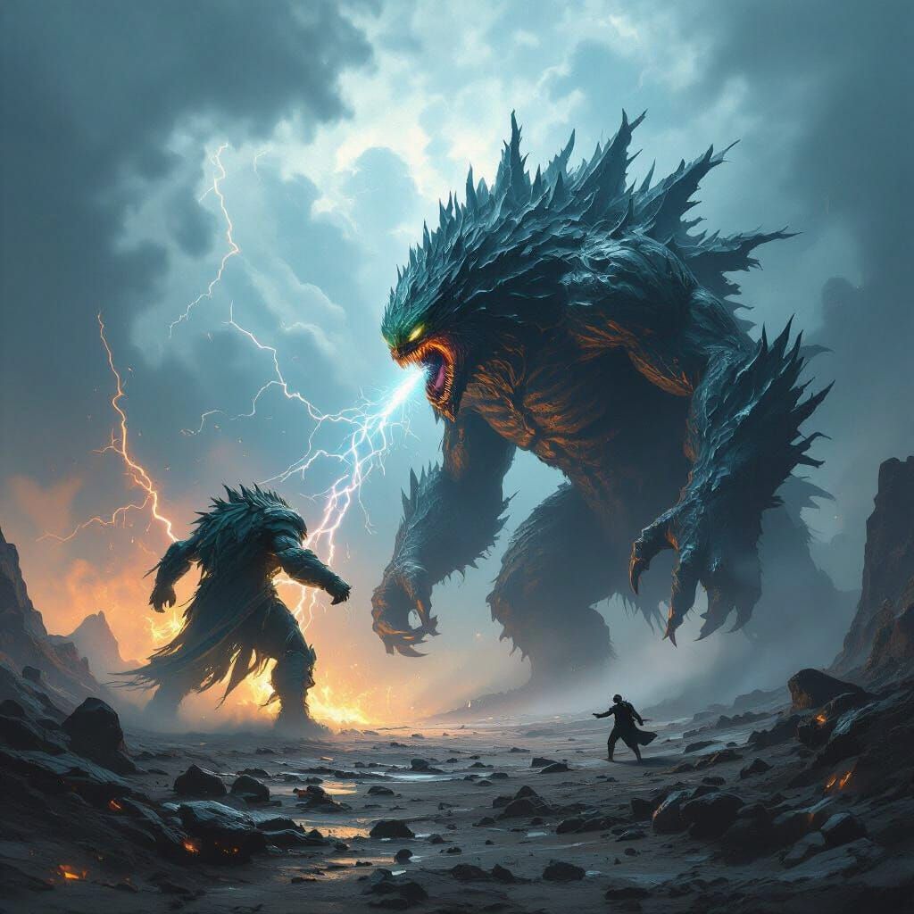 Colossal Monsters Battle in Dark Fantasy Wasteland