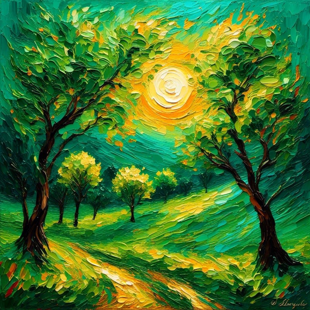 <lora:Impasto Painting:1.0> a green landscape