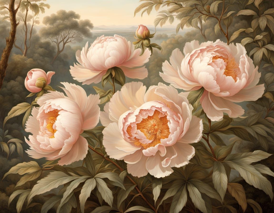 Delicate Peony Bush in Serene Woodland Landscape