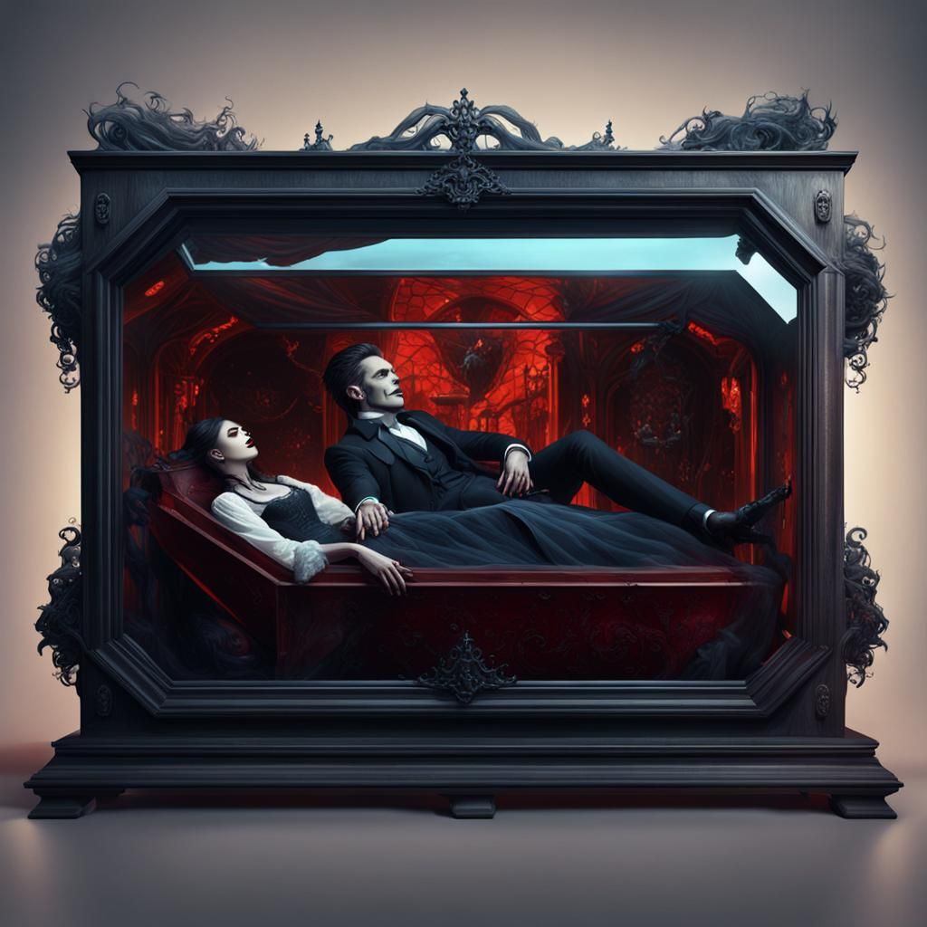 Vampire Couple in Glass Coffin: Fantasy Art