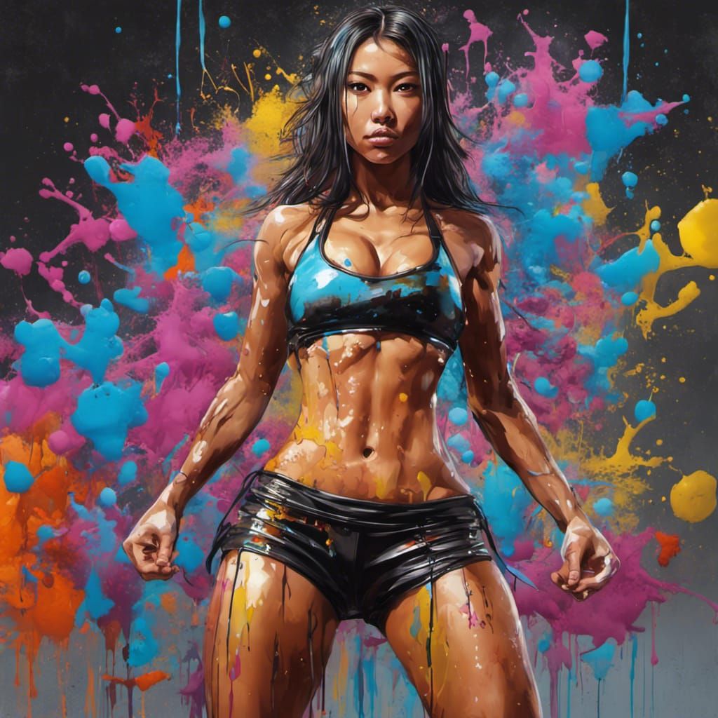 front view of fitness dark tanned asian girl wearing latex bikini