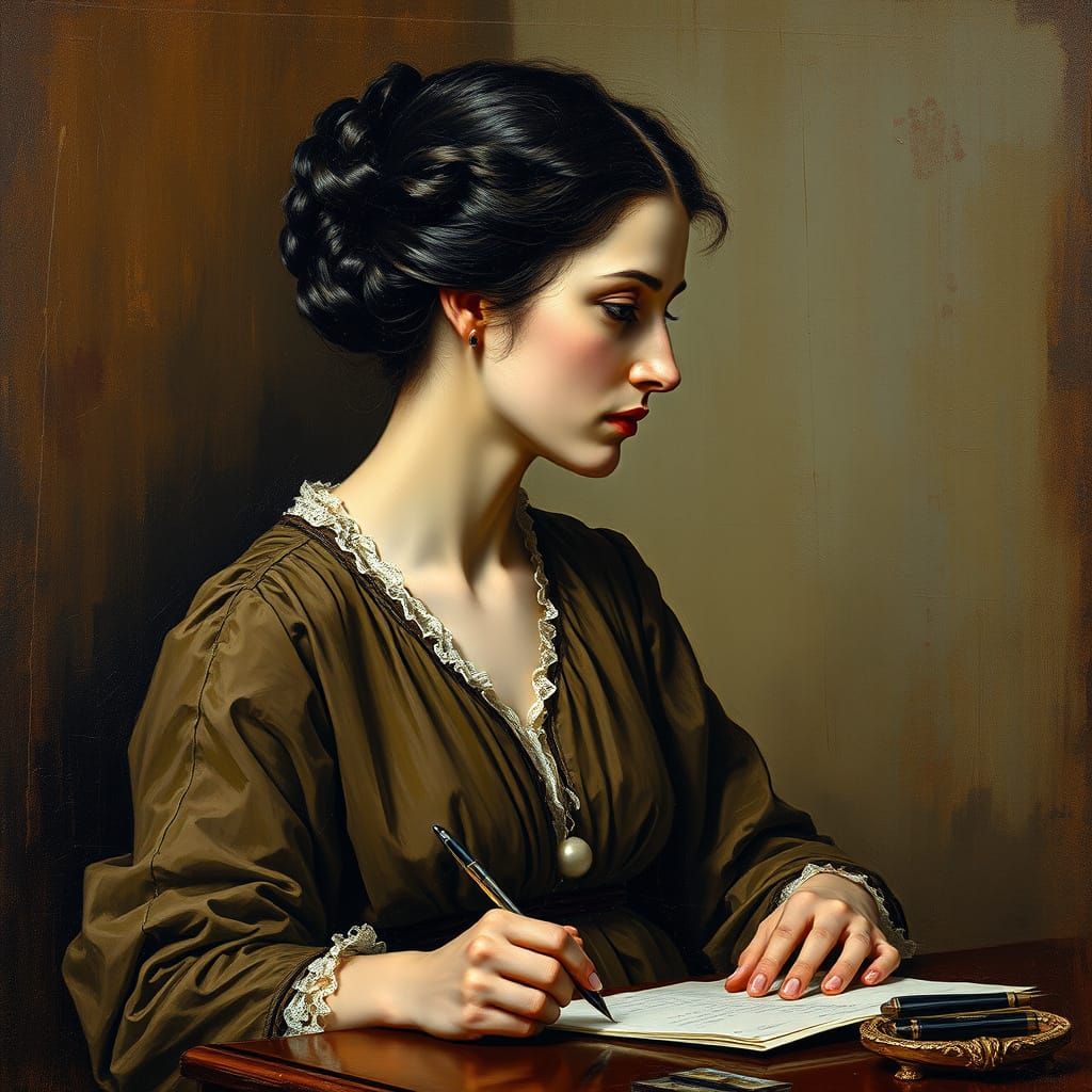 Expressionist Oil Painting of Woman Writing Letter