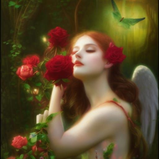 Angelic Figure in Enchanted Forest, Art Nouveau Style