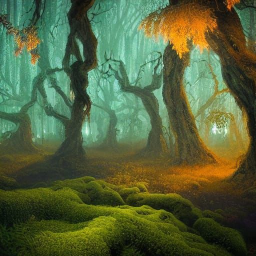Magical Forest at Night with Glowing Flora