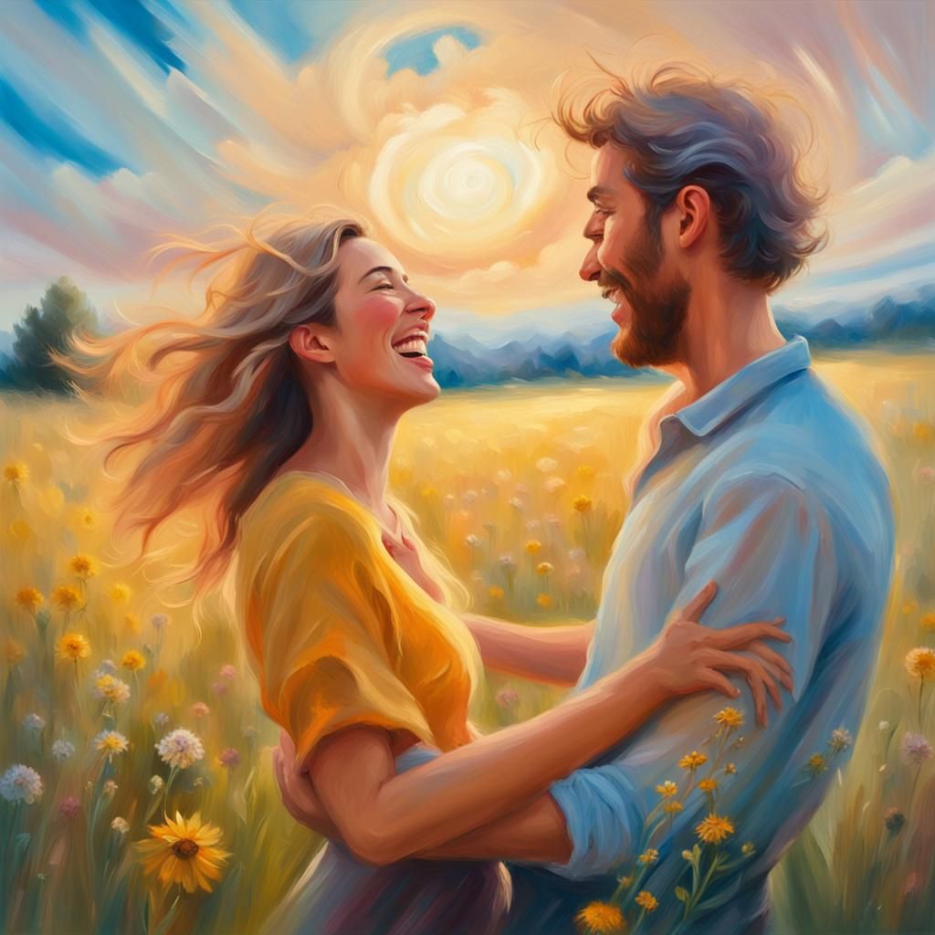 Joyful Embrace in Sunlit Meadow: Impressionist Oil Painting