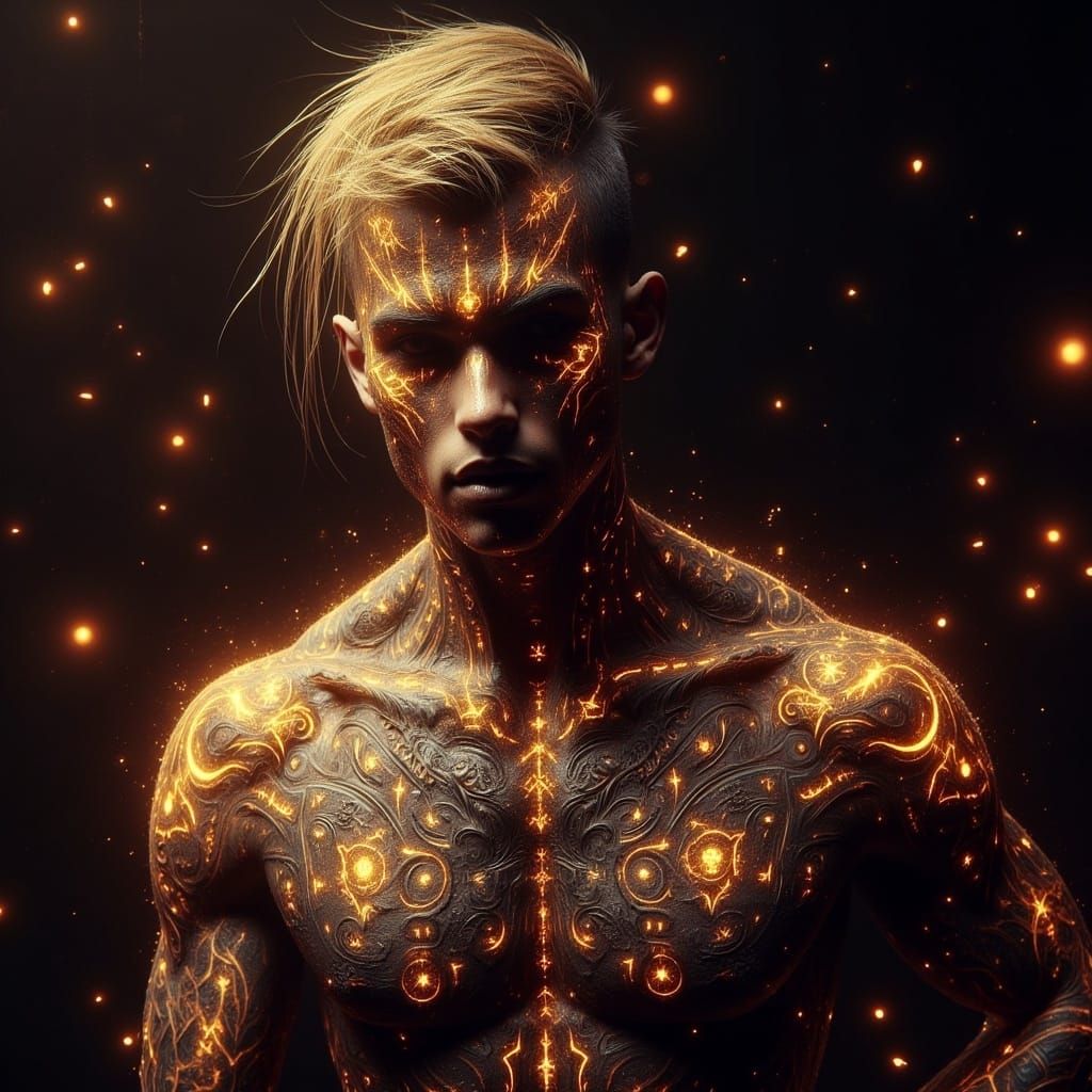 Golden Man with Celestial Tattoos: Hyperrealistic Photo