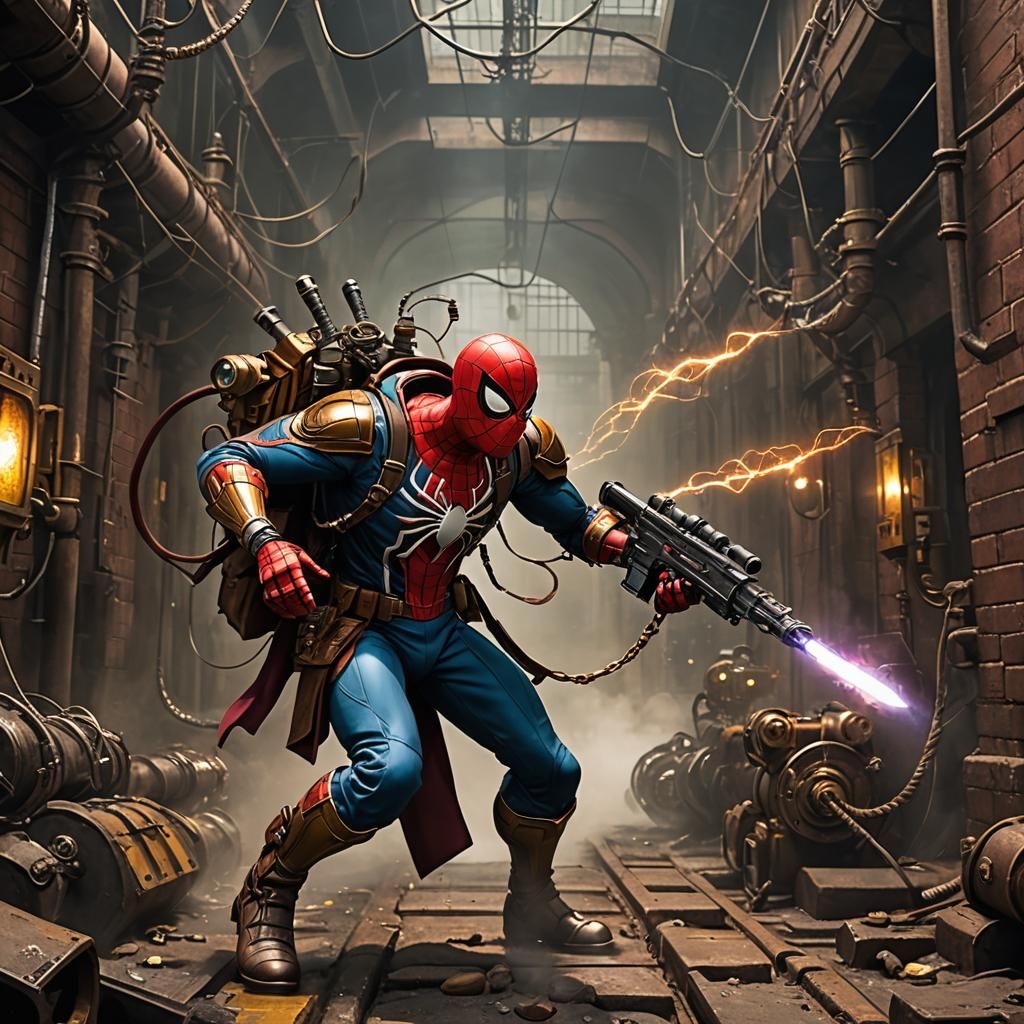 Spider-Man in Steampunk Sewers with Alien Rifle