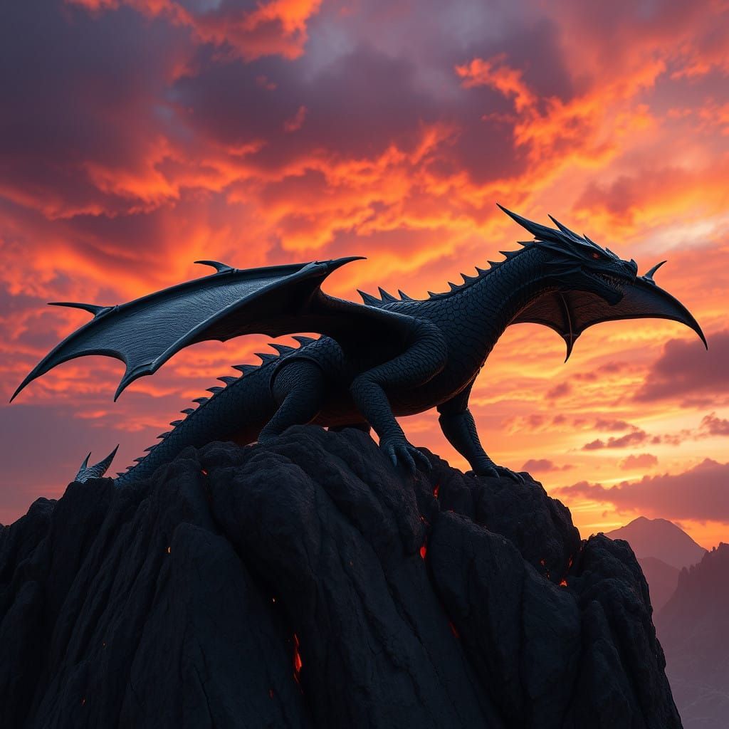 Majestic Lava Dragon Against Fiery Sunset