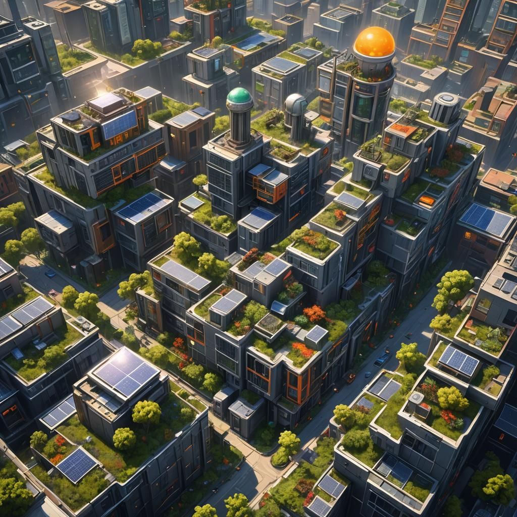 Solarpunk Cityscape in Vibrant, Oil-Painted Style
