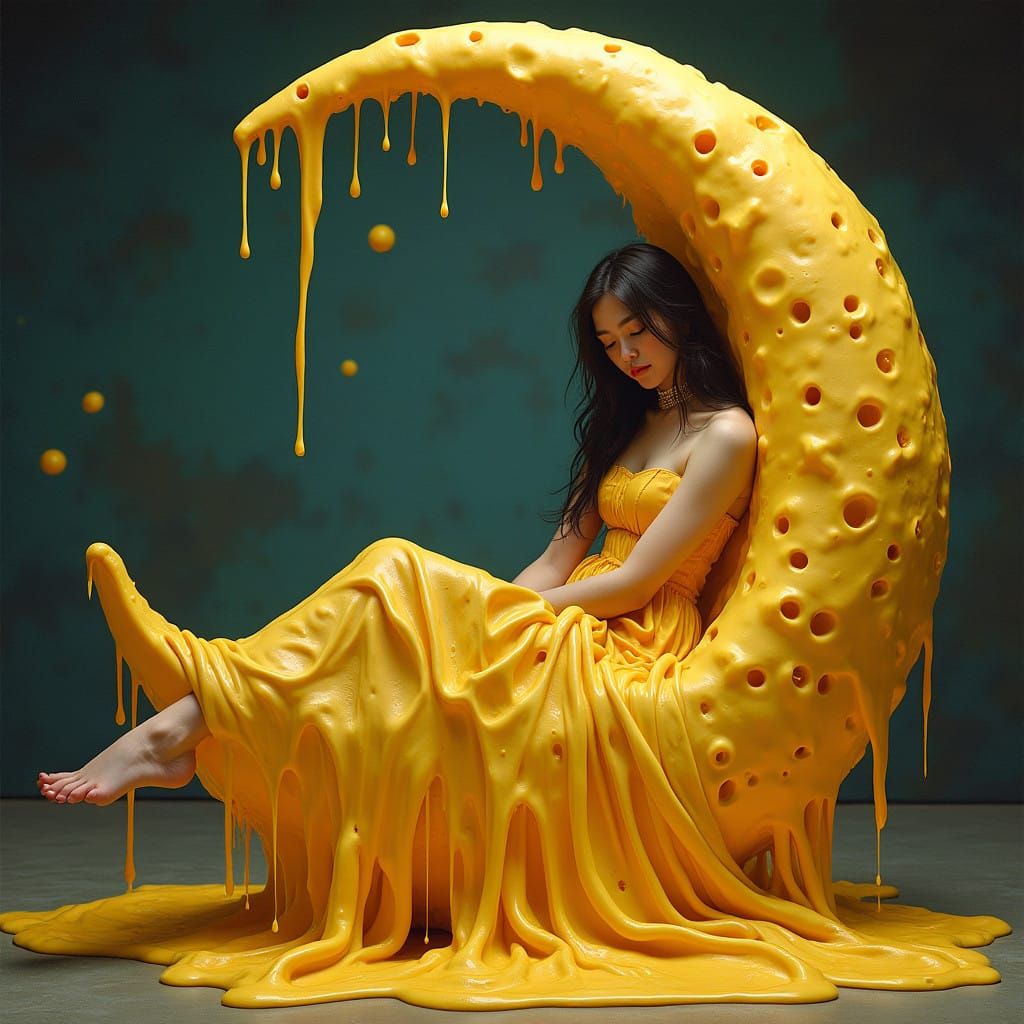 Surreal Woman in Melted Cheese Crescent Moon, Pop Surrealism...