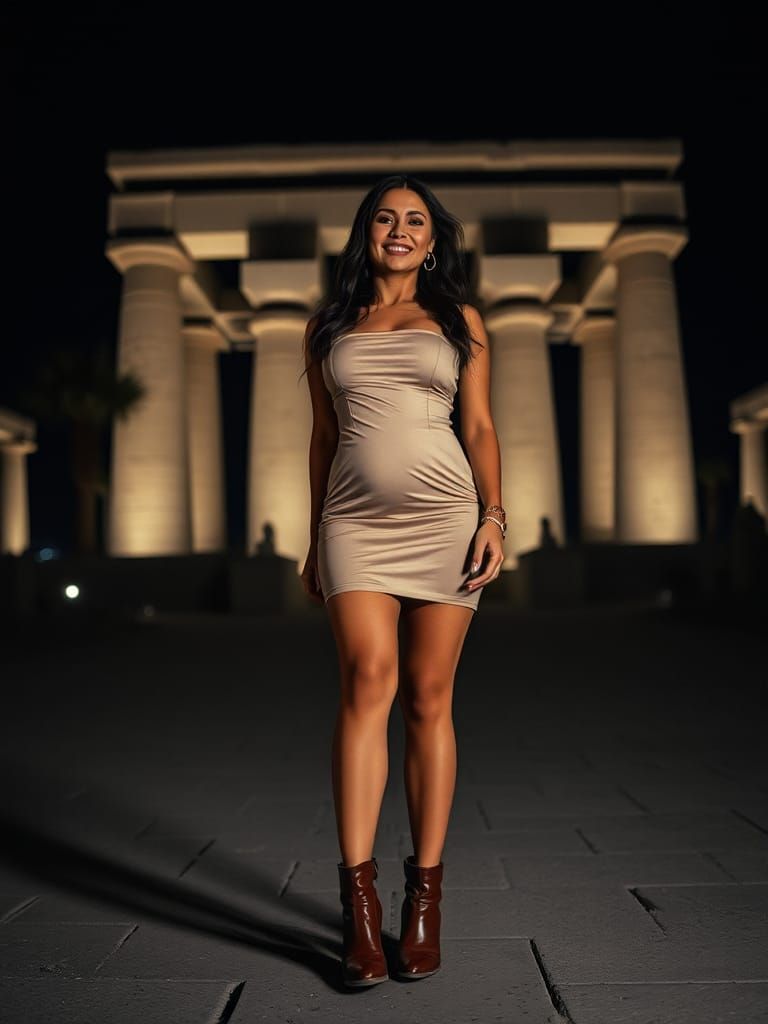 Elegant Woman Near Karnak Temple at Night