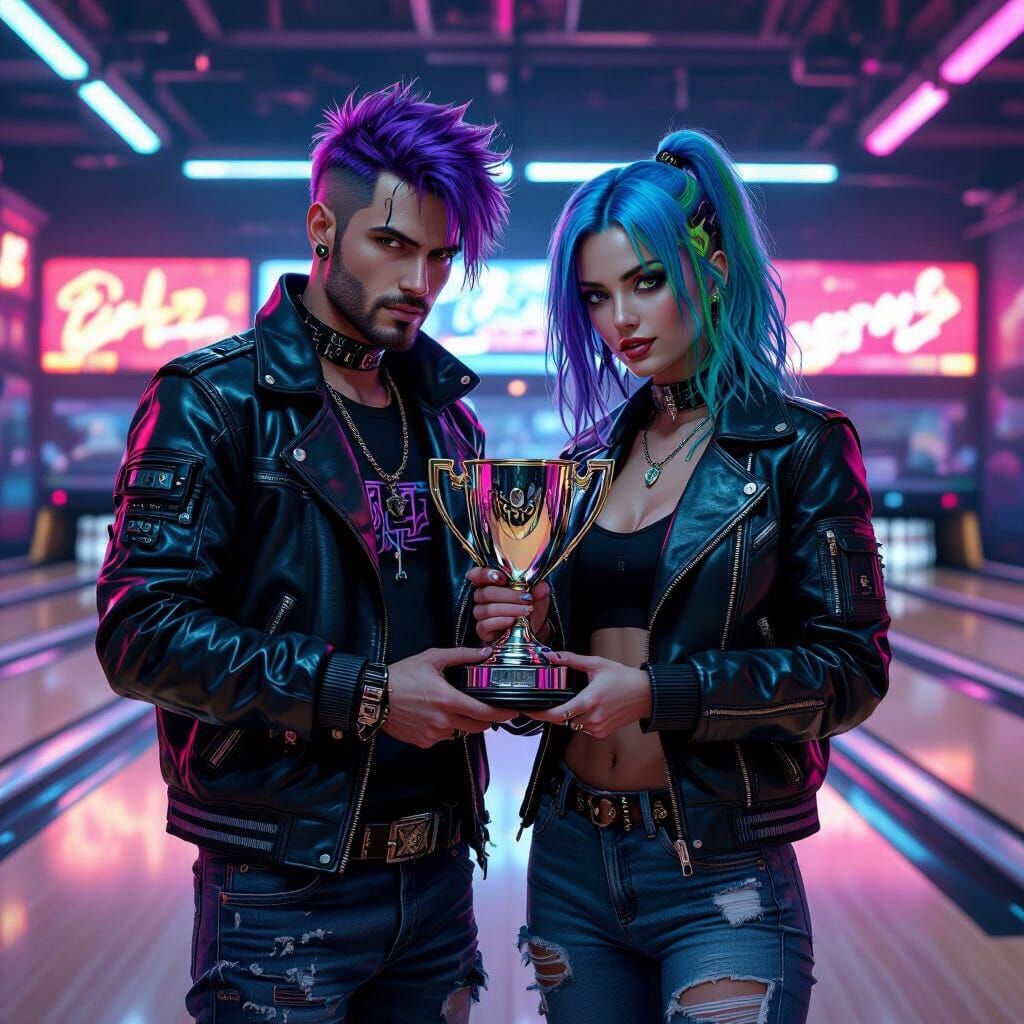 Cyberpunk Couple Wins Bowling Competition in Neon City