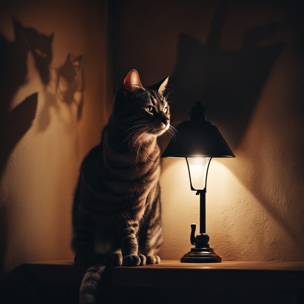 Cat Nightlight in Dark Room: Hyperrealistic Oil Painting