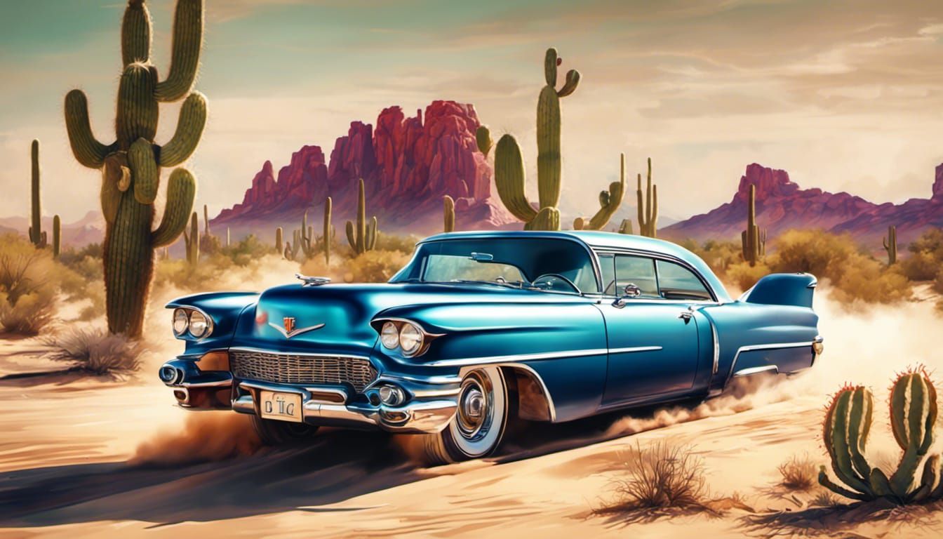 Burning Wheels Cadillac in Cactus Desert: Splash Art