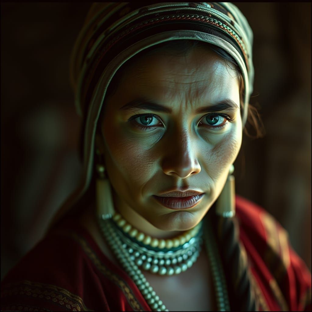 Mapuche Woman with Green Eyes in Cinematic Style