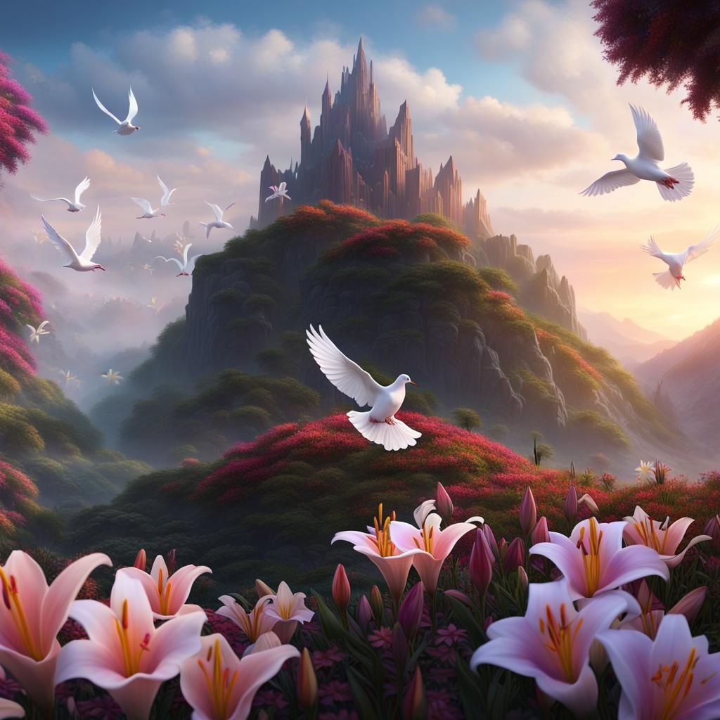 Doves Fly Over Lily Covered Mountain