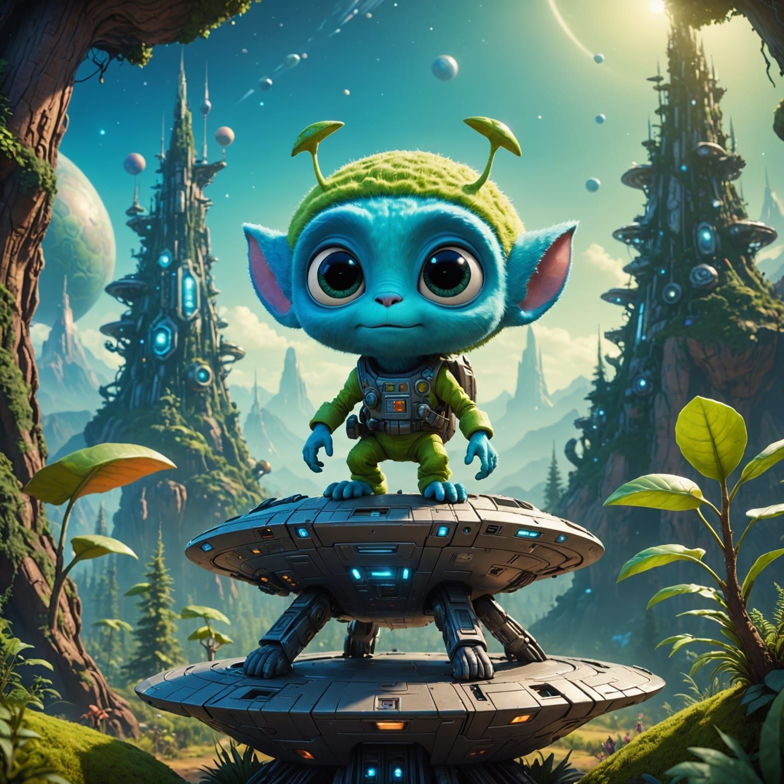 A Furry Alien's Cosmic Escapade in a Vibrant Forest Galaxy