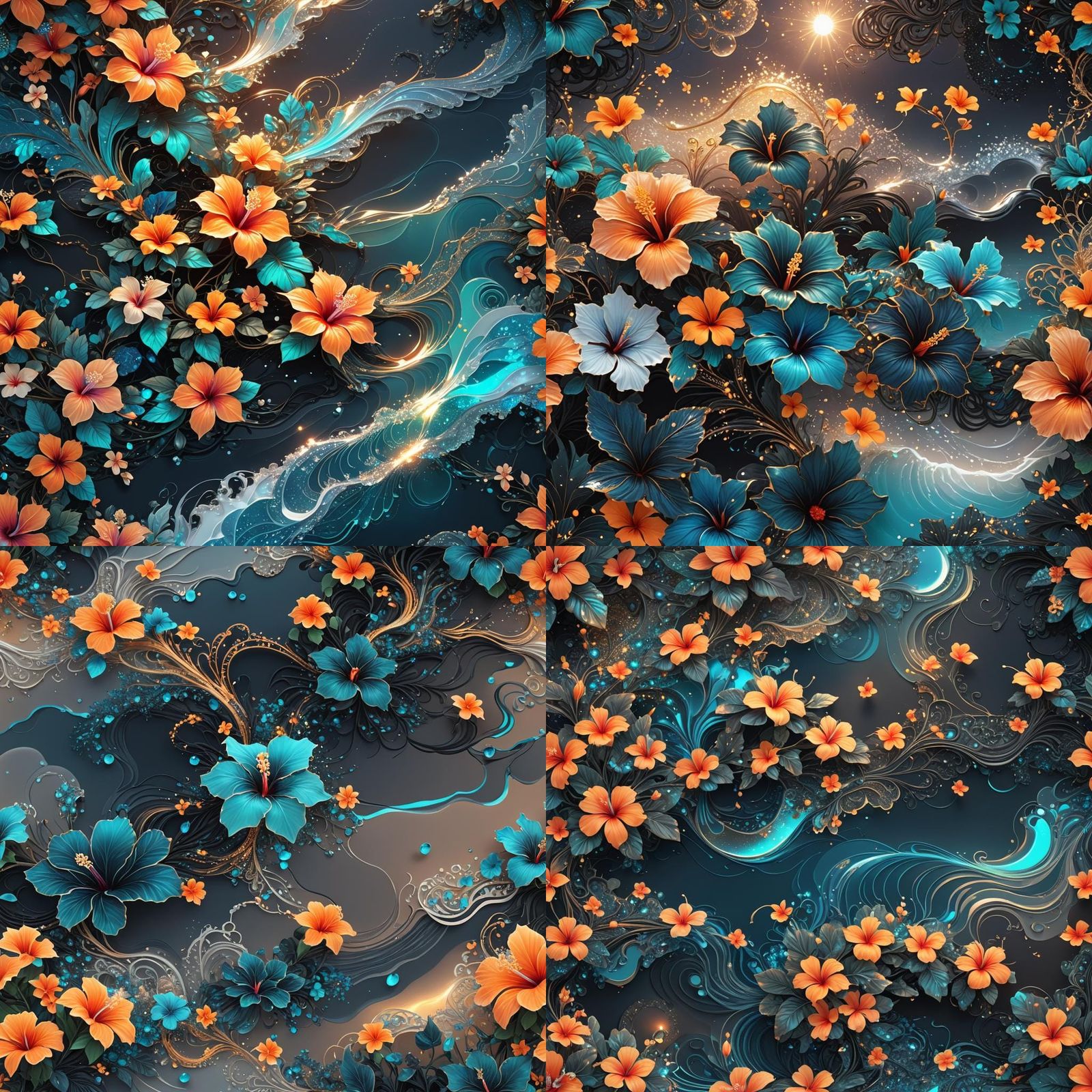 Holographic Fractal Beach with Iridescent Hibiscus