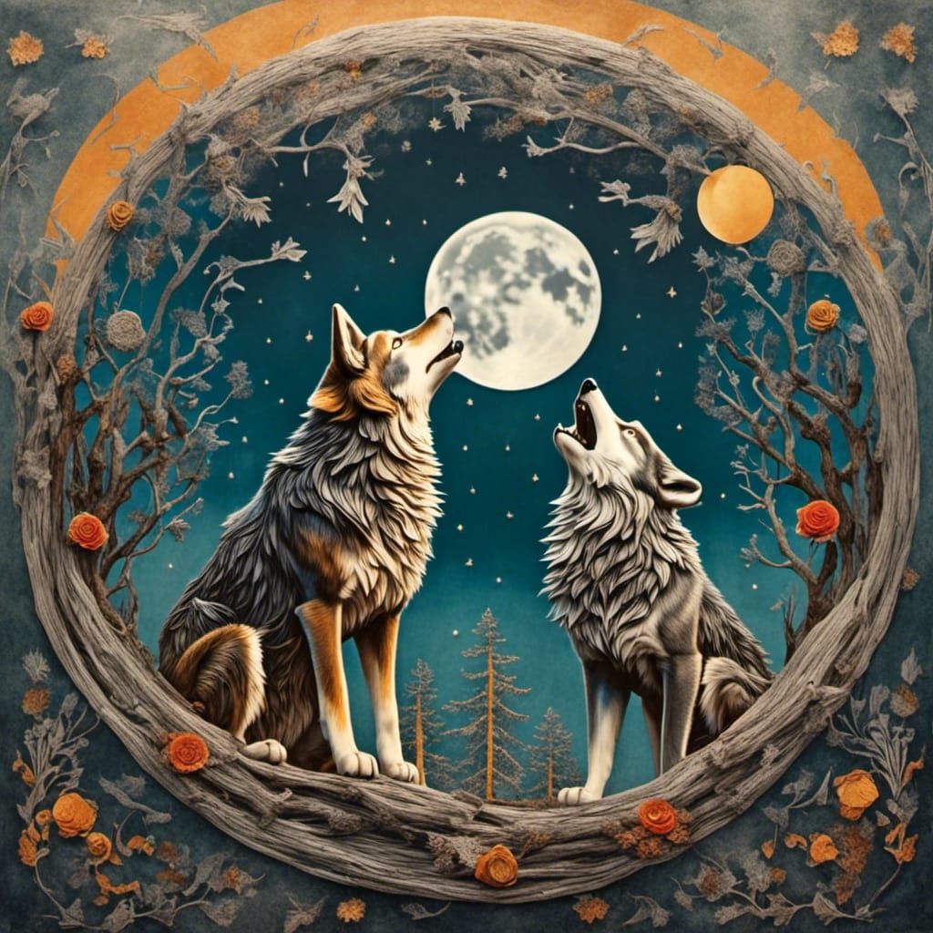 Wolf Howling at the Moon in Silhouette
