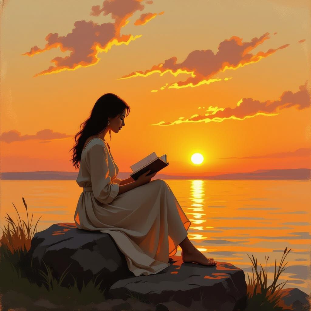Woman Reading at Sunset, Golden Light, Textured Style