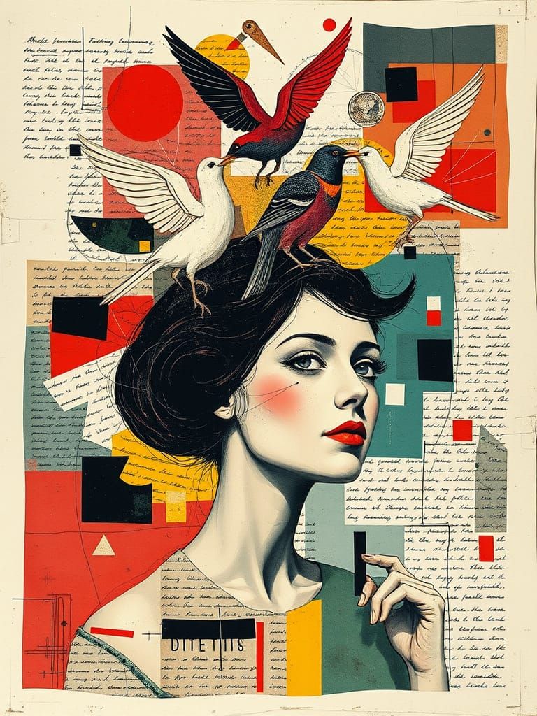 Birds Emerging: Dadaist Collage with Bold Colors