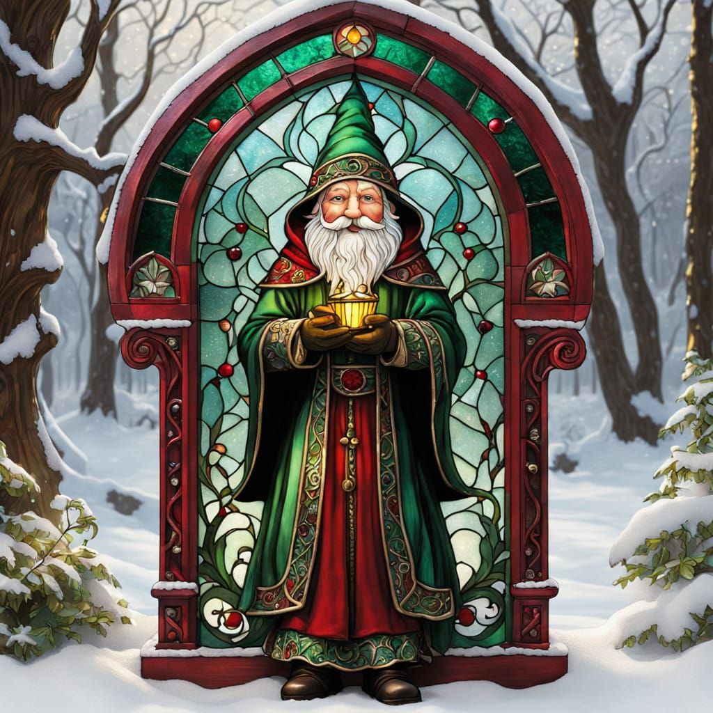 Elegant Stained Glass Christmas Scene with Gnome