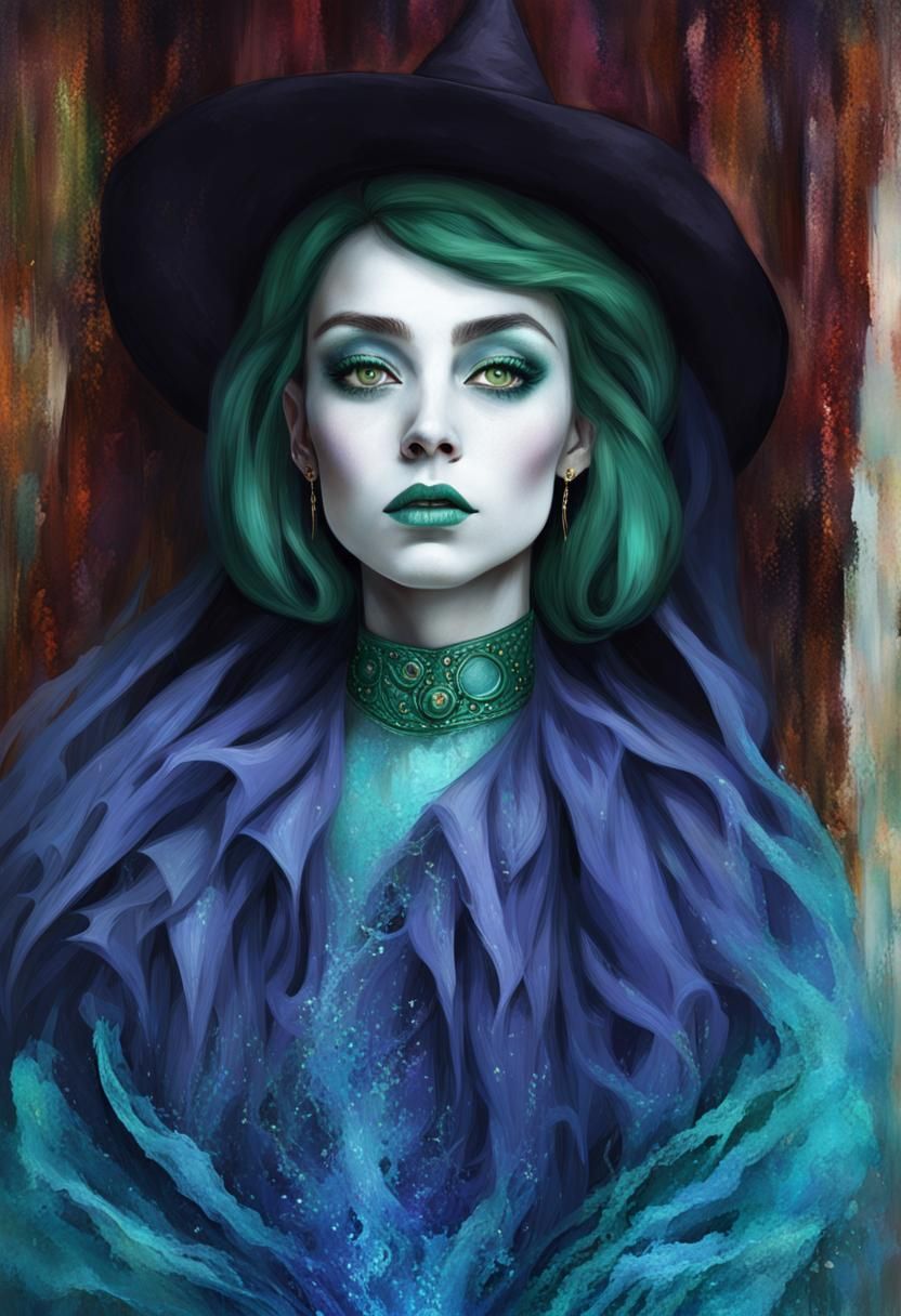 Expressionistic Portrait of a Blue-Skinned Witch
