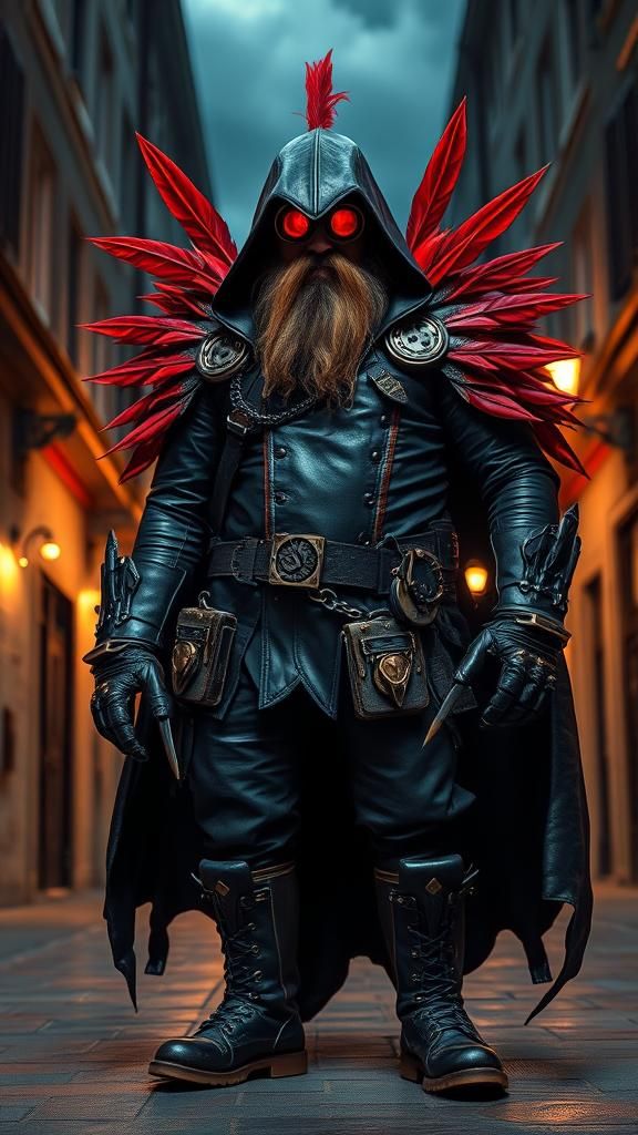 Steampunk Warrior with LED Goggles in Cityscape