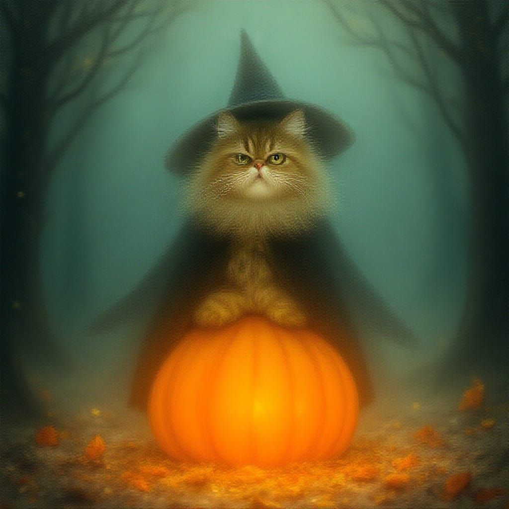 Witch Cat on Jack-o'-Lantern in Enchanted Forest