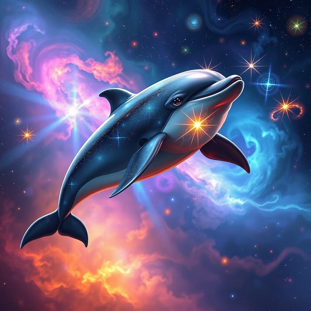Cosmic Dolphin Soars Through Colorful Nebula