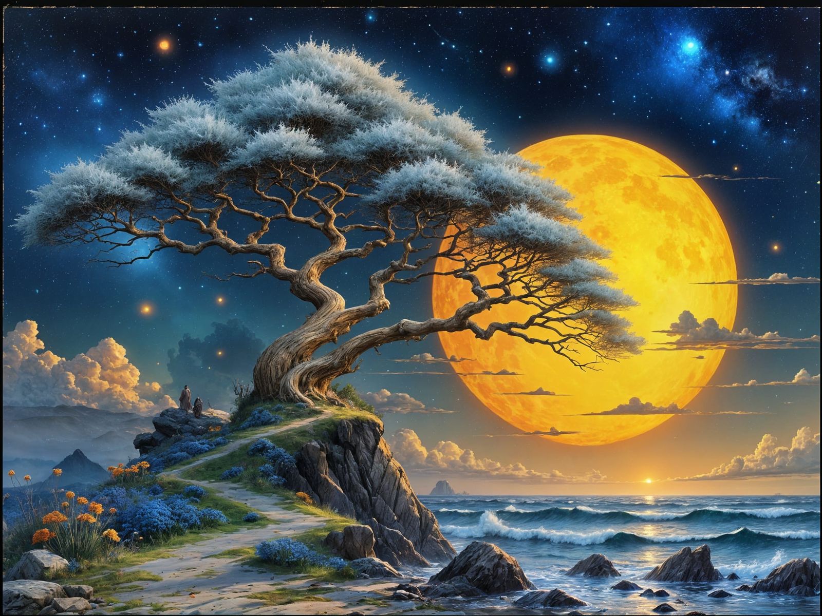 Pine Tree Silhouetted Against Harvest Moon