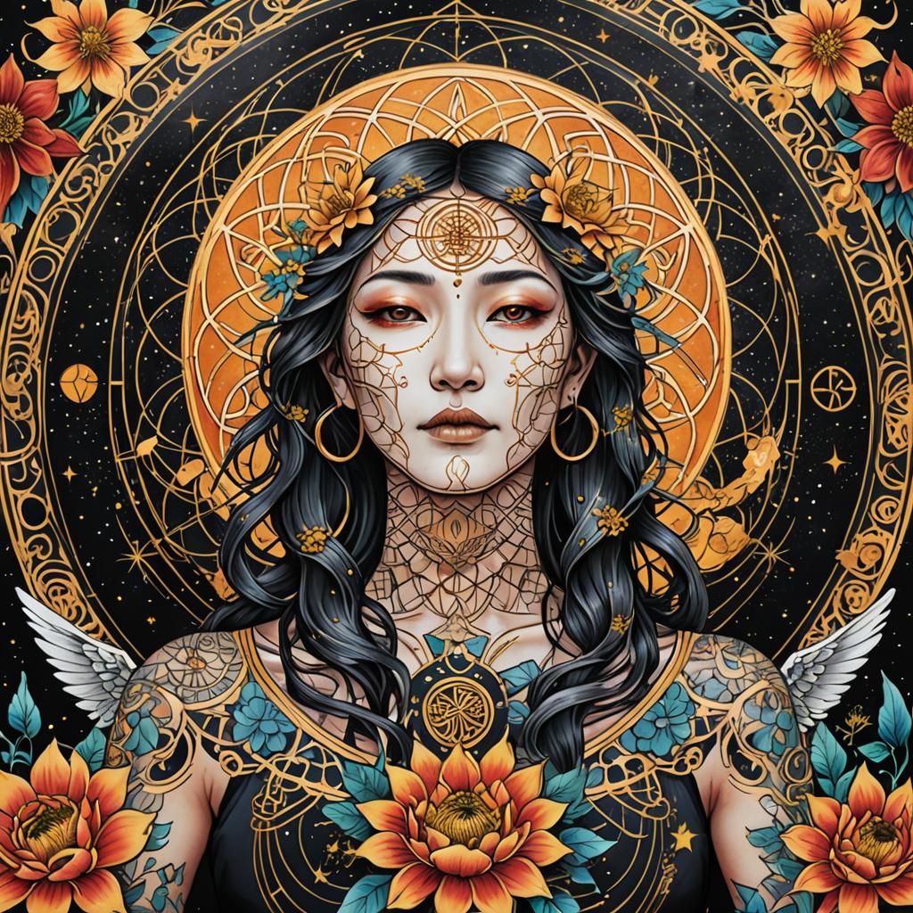 Angel of Death and Life Tattoo in Kintsugi Style