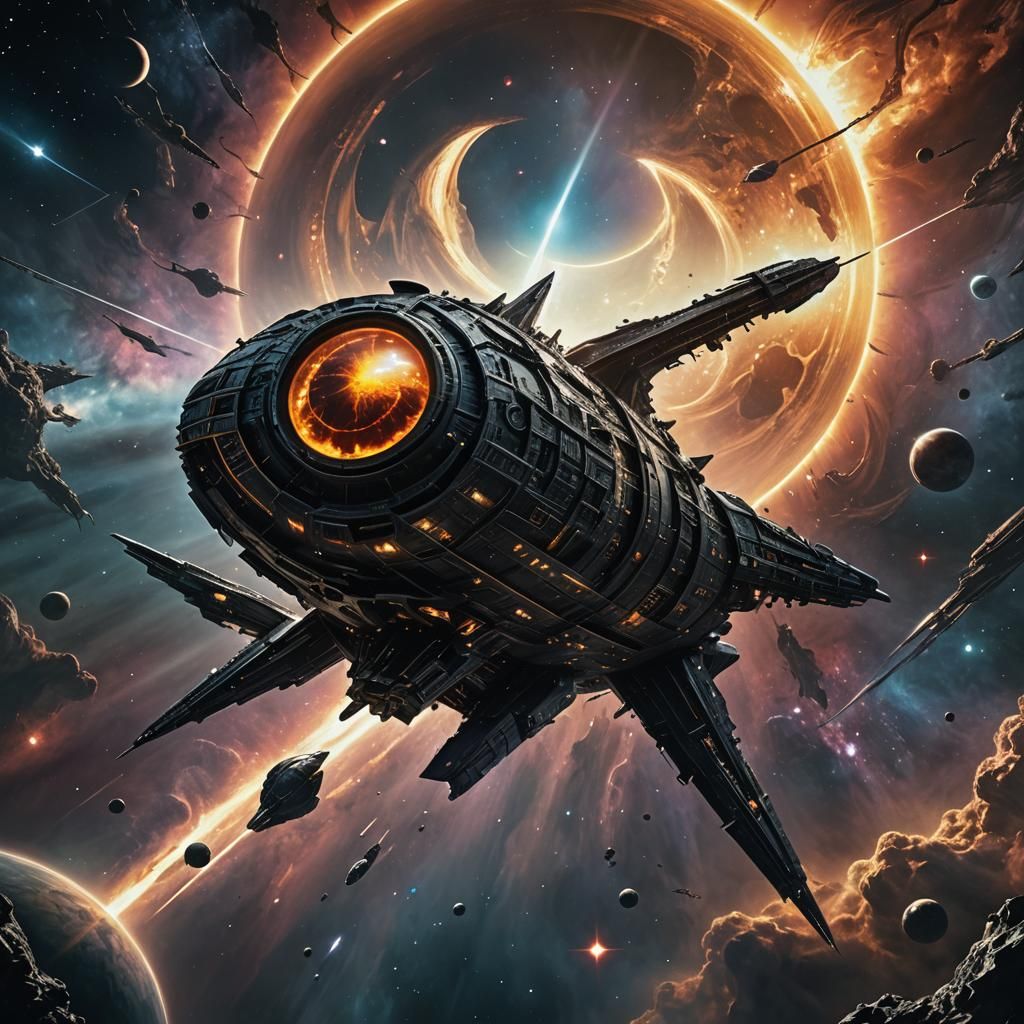 Gothic Spaceship Orbits Nebula Sun in Eerie Oil Painting