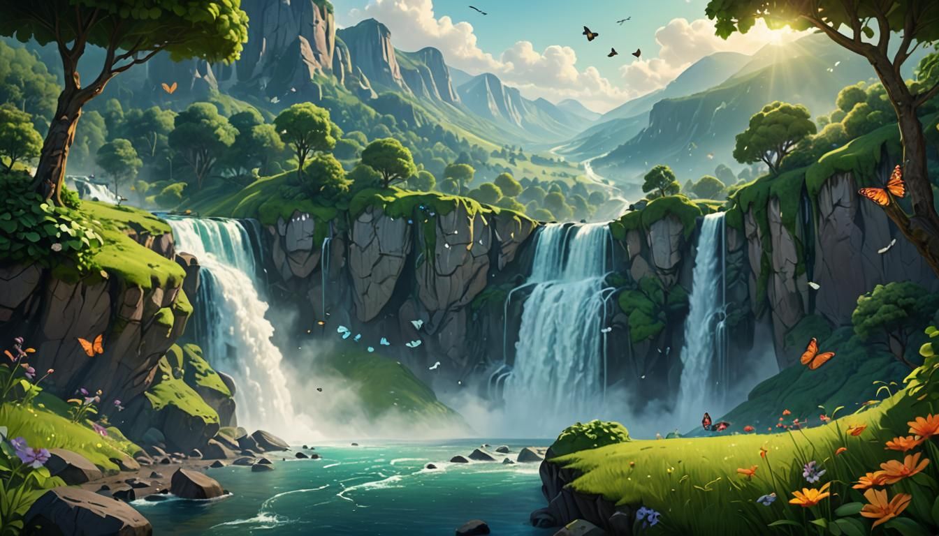 Fairytale Paradise Waterfall Panorama in 3D Digital Art