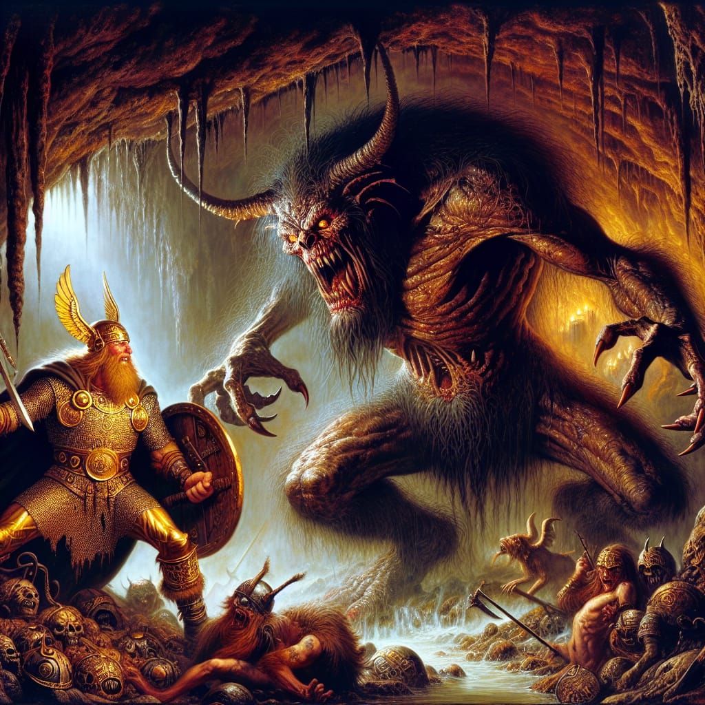 Beowulf Battles Grendel's Mother in Cavern