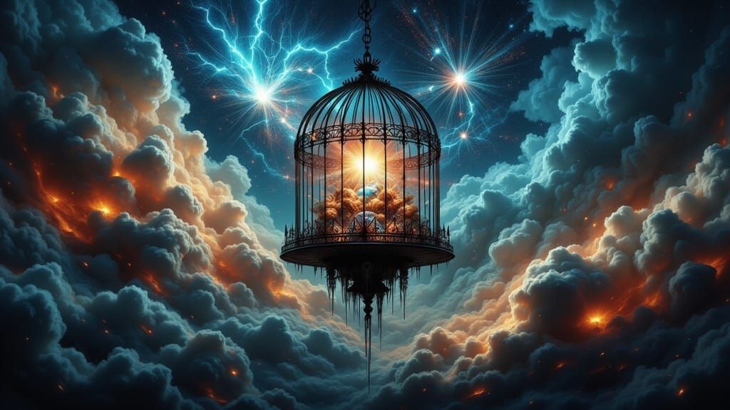 A surreal, multi-dimensional birdcage constructed from pure ...