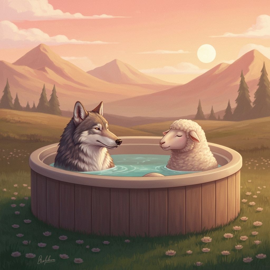 Wolf and Sheep Relax in Hot Tub with Serene Landscape