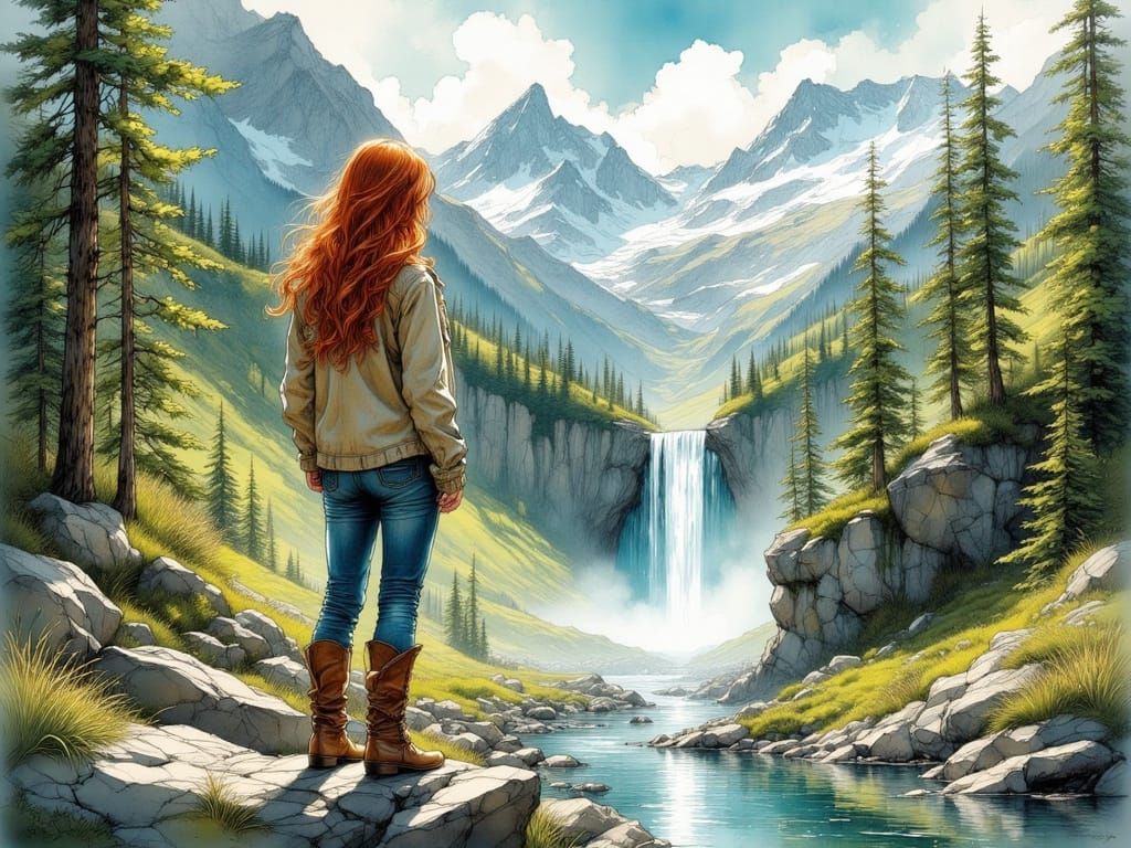 Woman Gazing at Waterfall in Ink Art Style