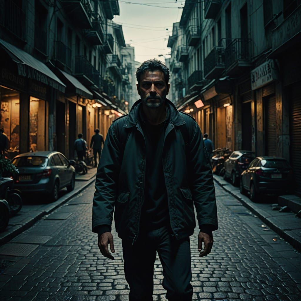 Man in Terror on Dark Street in Cinematic Film Still