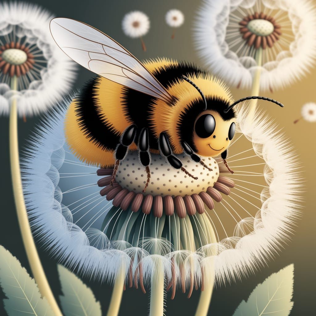 Sleepy Bumblebee Illustration on Dandelion
