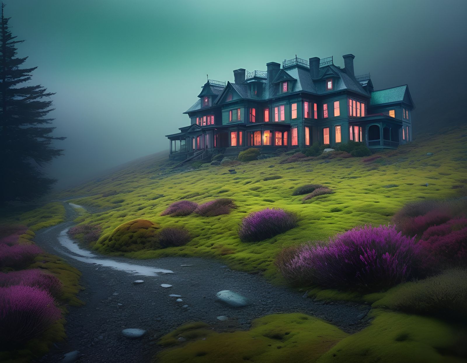 Eerie Victorian Mansion in Lisa Frank Colors