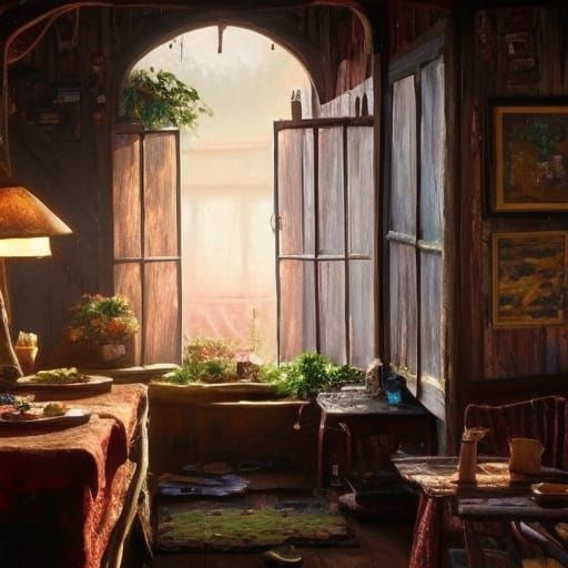 Cozy Cottage Kitchen with Fireplace and Flowers