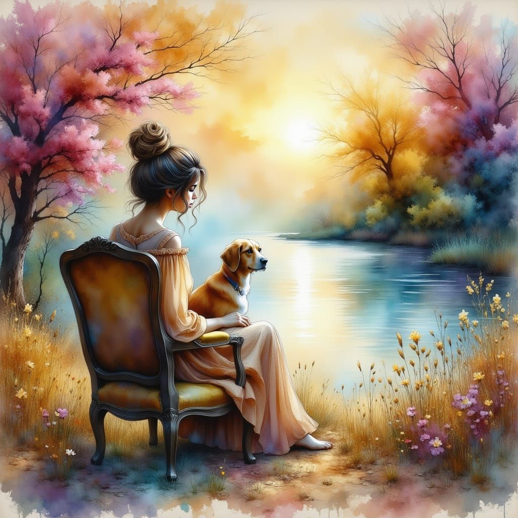 Woman and Dog by River in Dreamy Impressionist Style